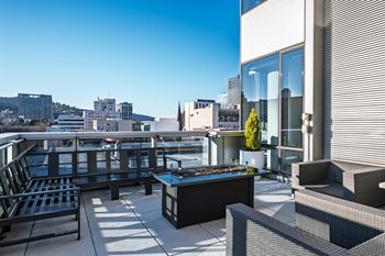 Outdoor terrace overlooking director park, with a fireplace feature and grilling station